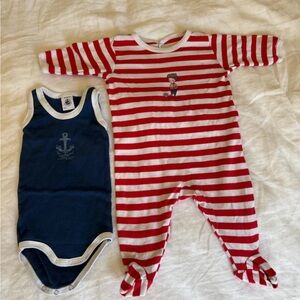 Petit Bateau Red and White Striped Footie with Navy Bodysuit